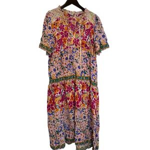 Umgee Womens Pink Floral Patchwork Tiered Midi Dress Smocked Boho K6685 Medium